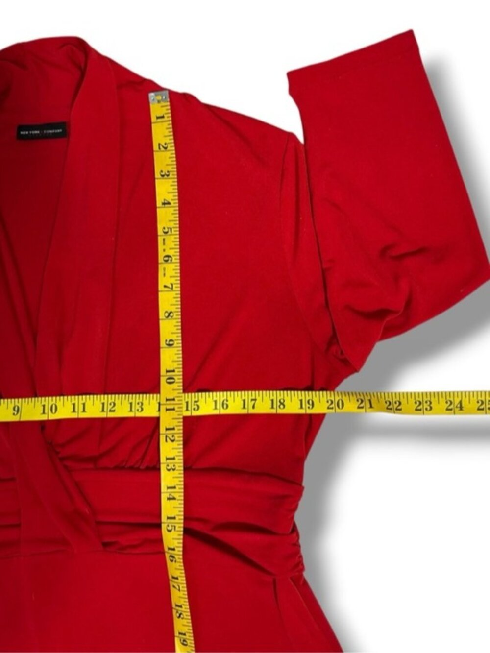 New York & Company Top Blouse Draped Waist Deep V Neck 3/4 Sleeve Tunic Red XL - Picture 11 of 16